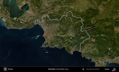 Marsilya. Copernicus Sentinel 'in Kasım 2024' te çekilen uydu görüntüsünde Fransa 'nın idari bölgesinin ana hatlarını çizdim.