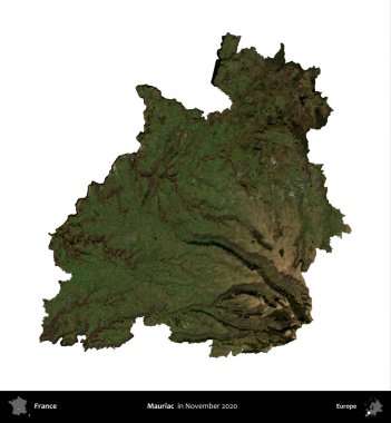 Mauriac. Fransa 'nın idari bölgesi, Kasım 2020' de çekilen Kopernik Nöbetçi karolarından oluşan bir uydu görüntüsü üzerinde beyaza izole edildi.