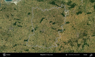 Mayenne. Mayıs 2020 'de çekilen Copernicus Sentinel karolarından oluşan bir uydu görüntüsünde Fransa' nın idari bölgesinin ana hatları belirlendi.