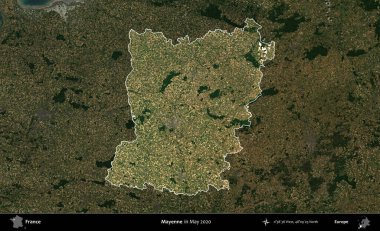 Mayenne. Fransa 'nın idari alanı, Mayıs 2020' de çekilen Kopernik Nöbetçi karolarından oluşan koyu renkli bir uydu görüntüsü üzerinde vurgulandı ve özetlendi.