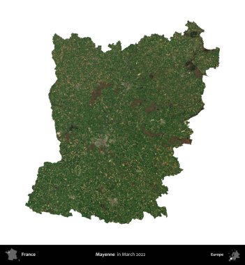 Mayenne. Fransa 'nın idari bölgesi, Mart 2022' de çekilen Kopernik Nöbetçi karolarından oluşan bir uydu görüntüsüyle beyaza izole edildi.