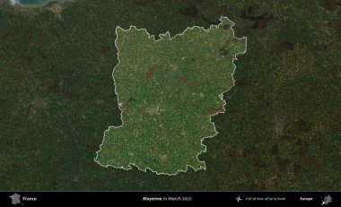 Mayenne. Fransa 'nın idari alanı, Mart 2022' de çekilen Kopernik Sentinel karolarından oluşan koyu renkli bir uydu görüntüsü üzerinde vurgulandı ve özetlendi.
