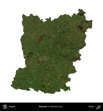Mayenne. Fransa 'nın idari bölgesi, Şubat 2023' te çekilen Kopernik Nöbetçi karolarından oluşan bir uydu görüntüsüyle beyaza izole edildi.