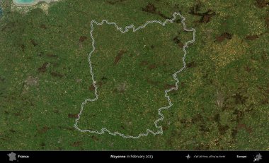 Mayenne. Copernicus Sentinel 'in Şubat 2023' te çekilen uydu görüntüsünde Fransa 'nın idari bölgesinin ana hatları belirlendi.