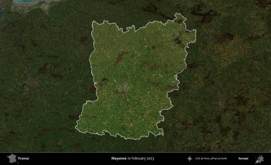 Mayenne. Fransa 'nın idari alanı, Şubat 2023' te çekilen Kopernik Nöbetçi karolarından oluşan koyu renkli bir uydu görüntüsü üzerinde vurgulandı ve özetlendi.