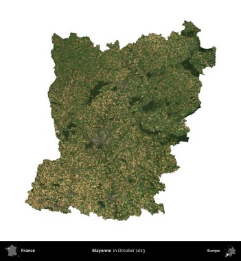 Mayenne. Fransa 'nın idari bölgesi, Ekim 2023' te çekilen Kopernik Nöbetçi karolarından oluşan bir uydu görüntüsüyle beyaza izole edildi.