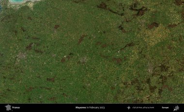 Mayenne. Copernicus Sentinel 'in Şubat 2023' te çekilmiş uydu görüntüsü üzerine Fransa 'nın idari bölgesi.