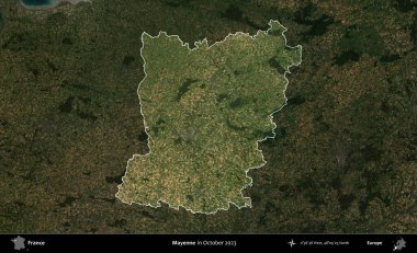 Mayenne. Fransa 'nın idari alanı, Ekim 2023' te çekilen Kopernik Nöbetçi karolarından oluşan koyu renkli bir uydu görüntüsü üzerinde vurgulandı ve özetlendi.