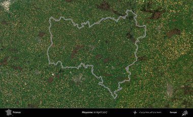 Mayenne. Nisan 2017 'de çekilen Kopernik Nöbetçi karolarından oluşan bir uydu görüntüsünde Fransa' nın idari bölgesinin ana hatları belirlendi.