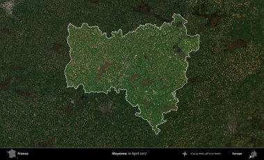 Mayenne. Fransa 'nın idari alanı, Nisan 2017' de çekilen Kopernik Nöbetçi karolarından oluşan koyu renkli bir uydu görüntüsü üzerinde vurgulandı ve özetlendi.