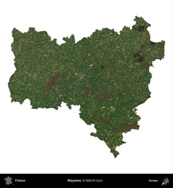 Mayenne. Fransa 'nın idari bölgesi, Mart 2022' de çekilen Kopernik Nöbetçi karolarından oluşan bir uydu görüntüsüyle beyaza izole edildi.