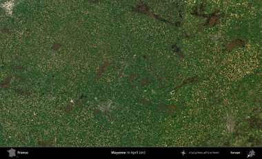 Mayenne. Nisan 2017 'de Copernicus Sentinel karolarından oluşan bir uydu görüntüsü üzerine Fransa' nın idari bölgesi