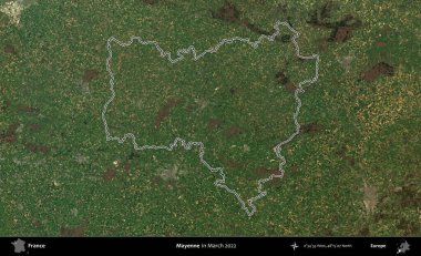 Mayenne. Mart 2022 'de çekilen Copernicus Sentinel karolarından oluşan bir uydu görüntüsünde Fransa' nın idari bölgesinin ana hatları belirlendi.