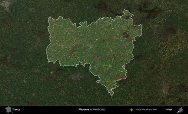 Mayenne. Fransa 'nın idari alanı, Mart 2022' de çekilen Kopernik Sentinel karolarından oluşan koyu renkli bir uydu görüntüsü üzerinde vurgulandı ve özetlendi.