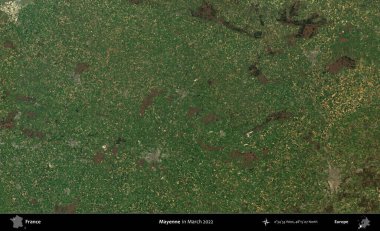 Mayenne. Copernicus Sentinel 'in Mart 2022' de çekilmiş uydu görüntüsü üzerine Fransa 'nın idari bölgesi.