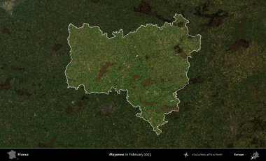 Mayenne. Fransa 'nın idari alanı, Şubat 2023' te çekilen Kopernik Nöbetçi karolarından oluşan koyu renkli bir uydu görüntüsü üzerinde vurgulandı ve özetlendi.