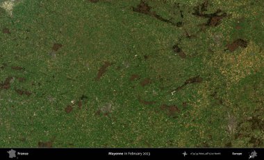 Mayenne. Copernicus Sentinel 'in Şubat 2023' te çekilmiş uydu görüntüsü üzerine Fransa 'nın idari bölgesi.