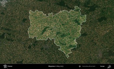 Mayenne. Fransa 'nın idari alanı, Mayıs 2023' te çekilen Kopernik Nöbetçi karolarından oluşan koyu renkli bir uydu görüntüsüyle vurgulandı ve özetlendi.
