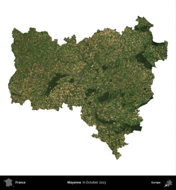 Mayenne. Fransa 'nın idari bölgesi, Ekim 2023' te çekilen Kopernik Nöbetçi karolarından oluşan bir uydu görüntüsüyle beyaza izole edildi.