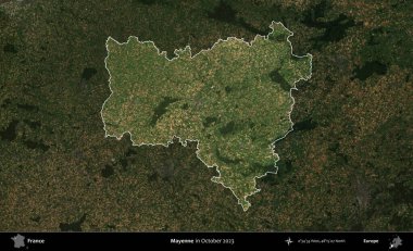 Mayenne. Fransa 'nın idari alanı, Ekim 2023' te çekilen Kopernik Nöbetçi karolarından oluşan koyu renkli bir uydu görüntüsü üzerinde vurgulandı ve özetlendi.
