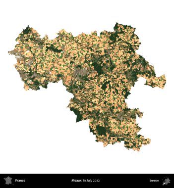 Meaux. Fransa 'nın idari bölgesi, Temmuz 2022' de çekilen Kopernik Nöbetçi karolarından oluşan bir uydu görüntüsüyle beyaza izole edildi.