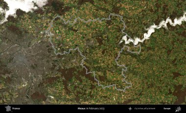 Meaux. Copernicus Sentinel 'in Şubat 2023' te çekilen uydu görüntüsünde Fransa 'nın idari bölgesinin ana hatları belirlendi.
