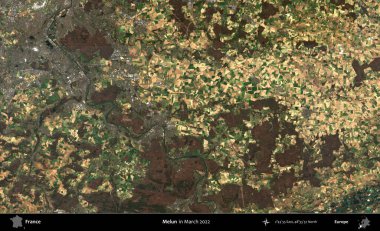 Melun. Copernicus Sentinel 'in Mart 2022' de çekilmiş uydu görüntüsü üzerine Fransa 'nın idari bölgesi.
