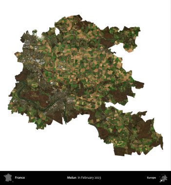 Melun. Fransa 'nın idari bölgesi, Şubat 2023' te çekilen Kopernik Nöbetçi karolarından oluşan bir uydu görüntüsüyle beyaza izole edildi.