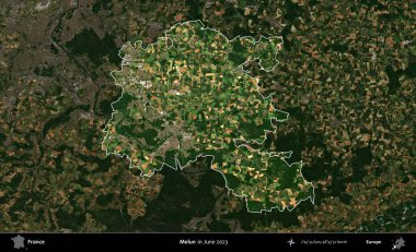 Melun. Fransa 'nın idari alanı, Haziran 2023' te çekilen Kopernik Nöbetçi karolarından oluşan koyu renkli bir uydu görüntüsüyle vurgulandı ve özetlendi.
