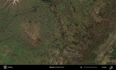 Mende. Copernicus Sentinel 'in Mart 2021' de çekilmiş uydu görüntüsü üzerine Fransa 'nın idari bölgesi.