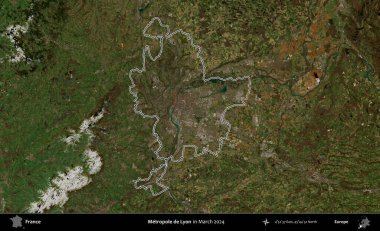 Metropole de Lyon 'da. Mart 2024 'te çekilen Copernicus Sentinel karolarından oluşan bir uydu görüntüsünde Fransa' nın idari bölgesinin ana hatlarını çizdim.