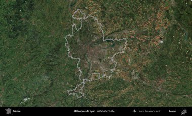 Metropole de Lyon 'da. Copernicus Sentinel 'in Ekim 2024' te çekilen uydu görüntüsünde Fransa 'nın idari bölgesinin ana hatlarını çizdim.