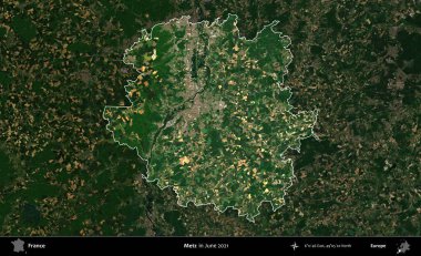 Metz. Fransa 'nın idari alanı, Haziran 2021' de çekilen Kopernik Sentinel karolarından oluşan koyu renkli bir uydu görüntüsü üzerinde vurgulandı ve özetlendi.