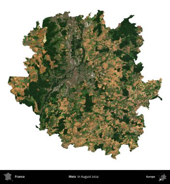 Metz. Fransa 'nın idari bölgesi, Ağustos 2024' te çekilen Kopernik Nöbetçi karolarından oluşan bir uydu görüntüsüyle beyaza izole edildi.