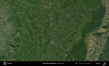 Meurthe-et-Moselle. Copernicus Sentinel 'in Haziran 2021' de çekilmiş uydu görüntüsü üzerine Fransa 'nın idari bölgesi.
