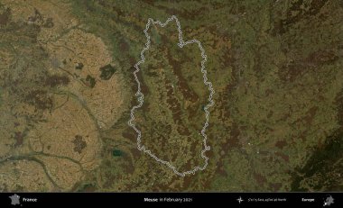 Meuse. Copernicus Sentinel 'in Şubat 2021' de çekilen uydu görüntüsünde Fransa 'nın idari bölgesinin ana hatları belirlendi.