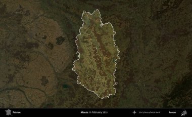 Meuse. Fransa 'nın idari alanı, Şubat 2021' de çekilen Kopernik Sentinel karolarından oluşan koyu renkli bir uydu görüntüsü üzerinde vurgulandı ve özetlendi.