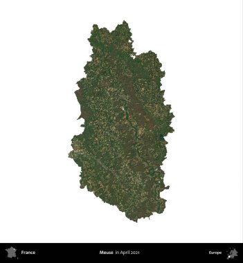 Meuse. Fransa 'nın idari bölgesi, Nisan 2021' de çekilen Kopernik Nöbetçi karolarından oluşan bir uydu görüntüsü ile beyaza izole edildi.