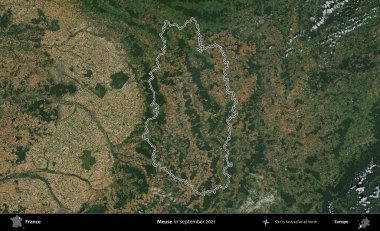 Meuse. Eylül 2021 'de çekilen Copernicus Sentinel karolarından oluşan bir uydu görüntüsünde Fransa' nın idari bölgesinin ana hatlarını çizdim.