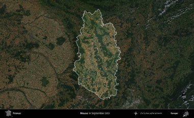 Meuse. Fransa 'nın idari alanı, Eylül 2021' de çekilen Kopernik Sentinel karolarından oluşan koyu renkli bir uydu görüntüsü üzerinde vurgulandı ve özetlendi.