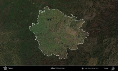 Millau. Fransa 'nın idari alanı, Mart 2021' de çekilen Kopernik Sentinel karolarından oluşan koyu renkli bir uydu görüntüsü üzerinde vurgulandı ve özetlendi.