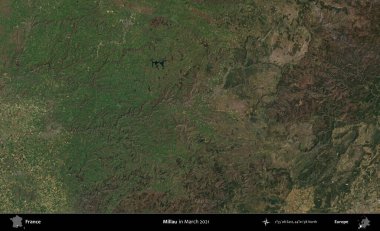 Millau. Copernicus Sentinel 'in Mart 2021' de çekilmiş uydu görüntüsü üzerine Fransa 'nın idari bölgesi.