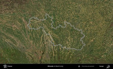 Mirande. Mart 2019 'da çekilen Copernicus Sentinel karolarından oluşan bir uydu görüntüsünde Fransa' nın idari bölgesinin ana hatları belirlendi.