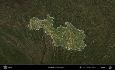 Mirande. Fransa 'nın idari alanı, Mart 2019' da çekilen Kopernik Nöbetçi karolarından oluşan koyu renkli bir uydu görüntüsü üzerinde vurgulandı ve özetlendi.