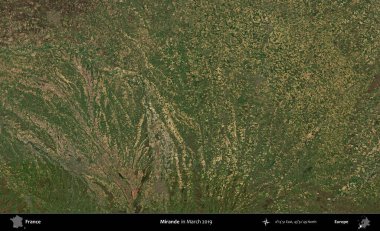 Mirande. Copernicus Sentinel 'in Mart 2019' da çekilmiş uydu görüntüsü üzerine Fransa 'nın idari bölgesi.
