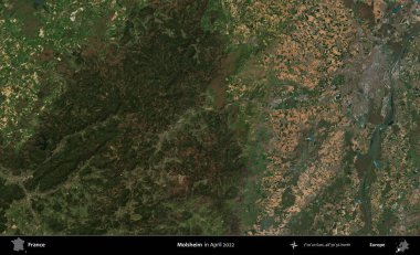 Molsheim. Copernicus Sentinel 'in Nisan 2022' de çekilmiş uydu görüntüsü üzerine Fransa 'nın idari bölgesi.