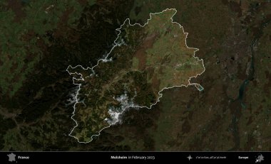 Molsheim. Fransa 'nın idari alanı, Şubat 2023' te çekilen Kopernik Nöbetçi karolarından oluşan koyu renkli bir uydu görüntüsü üzerinde vurgulandı ve özetlendi.