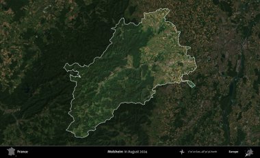 Molsheim. Fransa 'nın idari alanı, Ağustos 2024' te çekilen Kopernik Sentinel karolarından oluşan koyu renkli bir uydu görüntüsü üzerinde vurgulandı ve özetlendi.