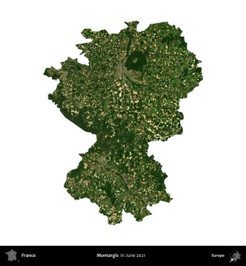 Montargis. Fransa 'nın idari bölgesi, Haziran 2021' de çekilen Kopernik Nöbetçi karolarından oluşan bir uydu görüntüsüyle beyaza izole edildi.