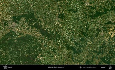 Montargis. Copernicus Sentinel 'in Haziran 2021' de çekilmiş uydu görüntüsü üzerine Fransa 'nın idari bölgesi.